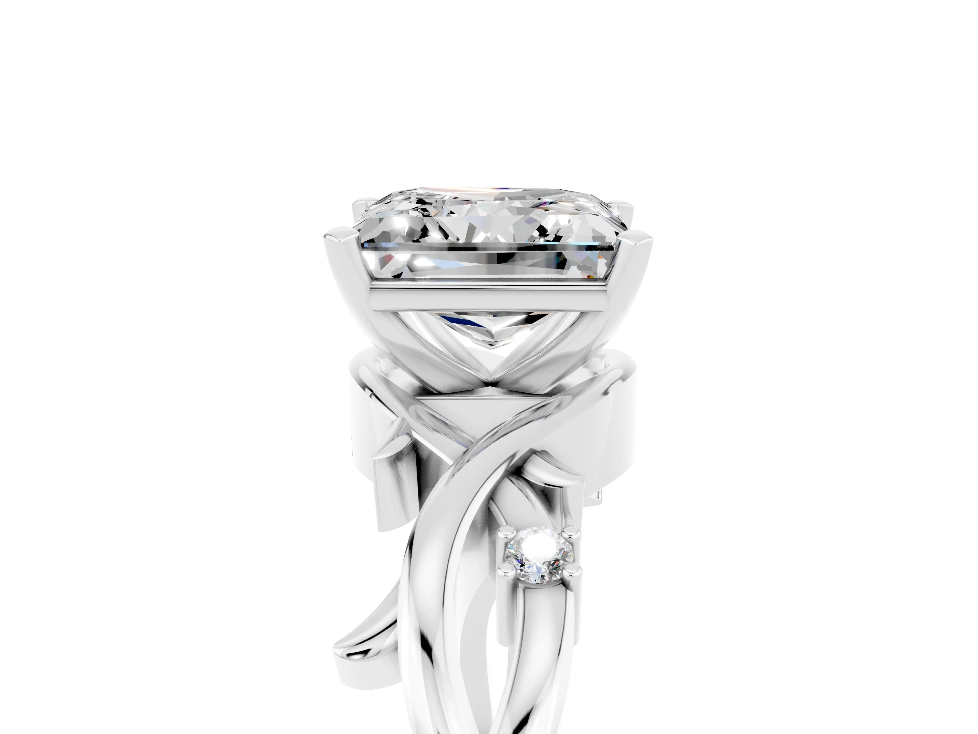 White gold Princess Cut Moissanite Solitaire Ring with Twisted Band and Prong Setting_17