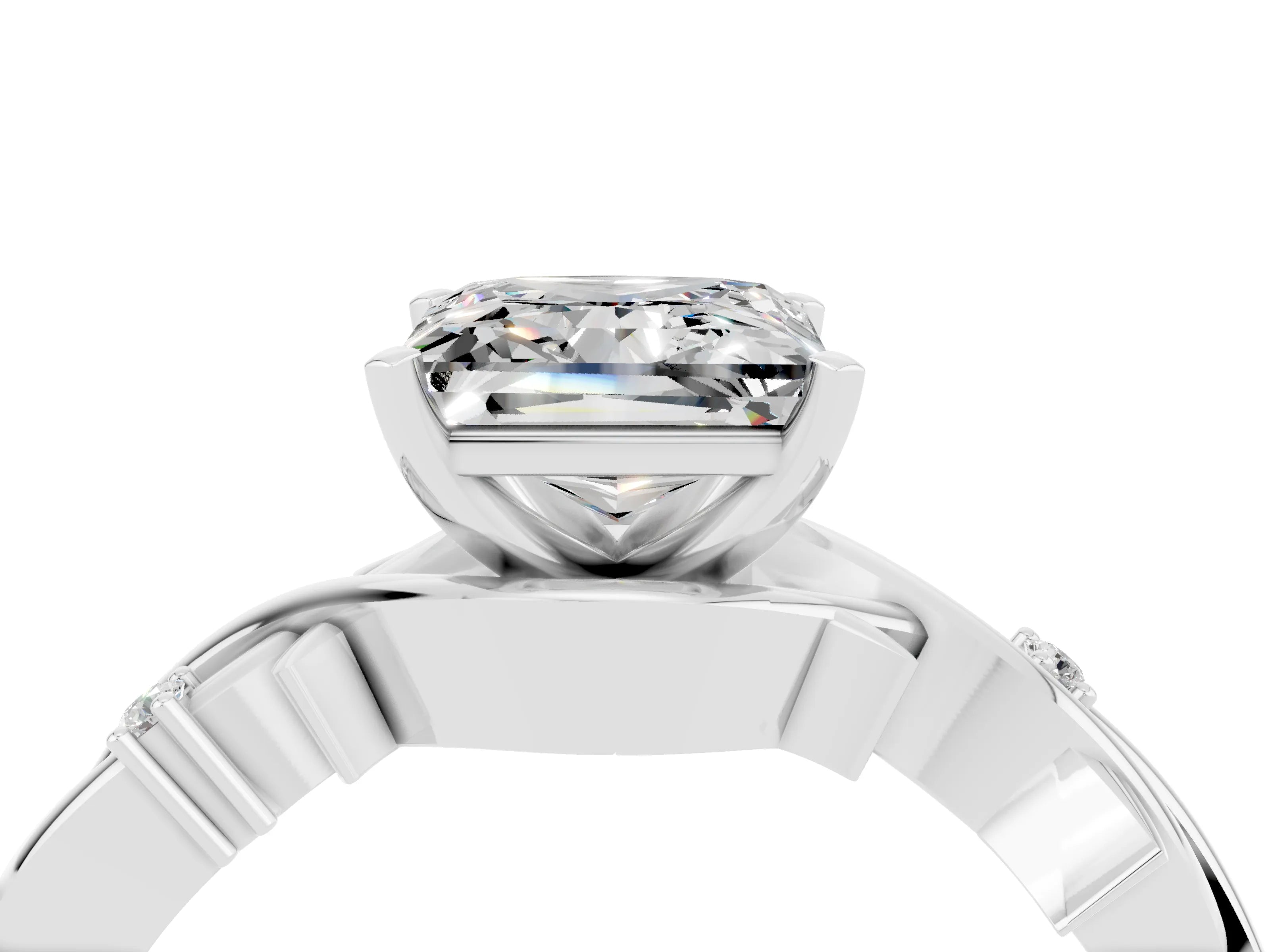 White gold Princess Cut Moissanite Solitaire Ring with Twisted Band and Prong Setting_4