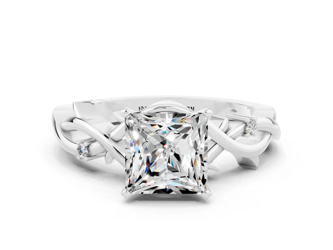 White gold Princess Cut Moissanite Solitaire Ring with Twisted Band and Prong Setting
