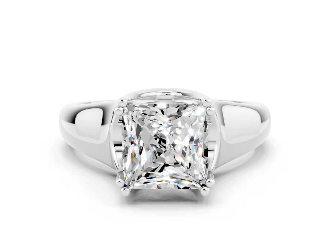 White gold Princess Cut Moissanite Solitaire Ring with Wide Band and Prong Setting