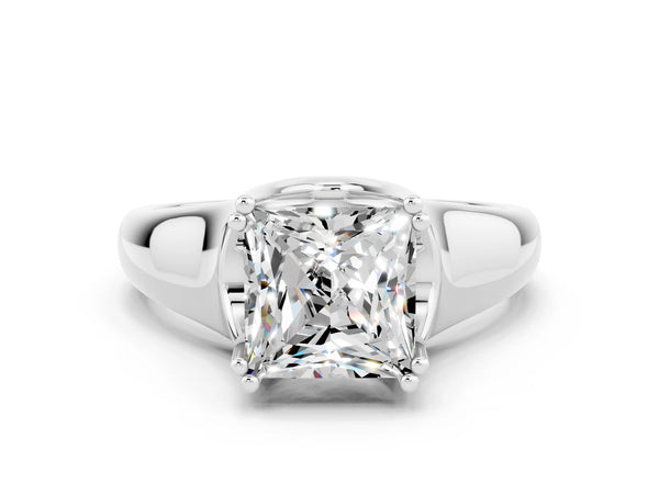Platinum Princess Cut Moissanite Solitaire Ring with Wide Band and Prong Setting