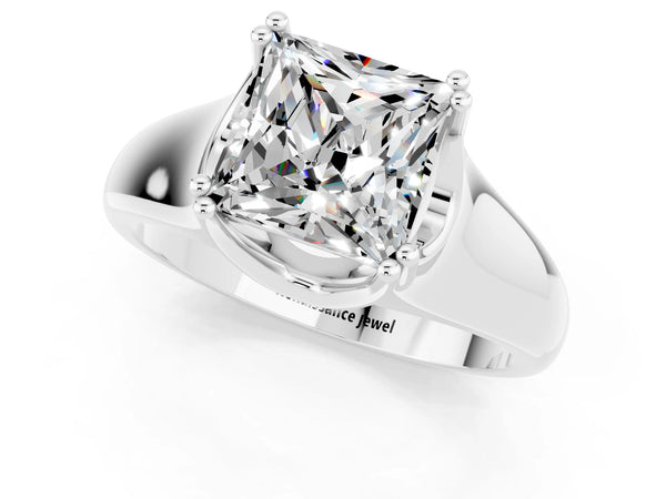 Platinum Princess Cut Moissanite Solitaire Ring with Wide Band and Prong Setting