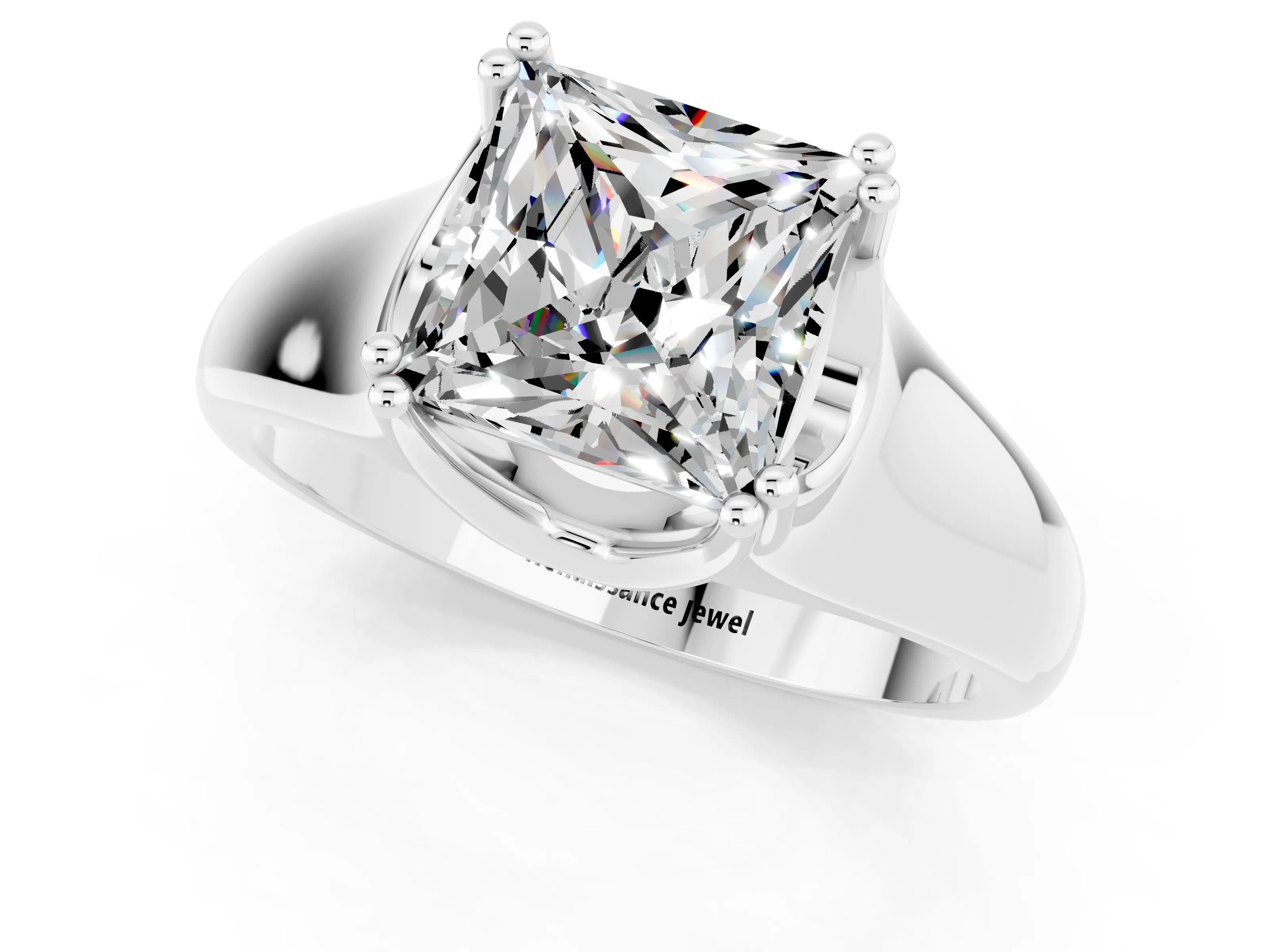 White gold Princess Cut Moissanite Solitaire Ring with Wide Band and Prong Setting_1