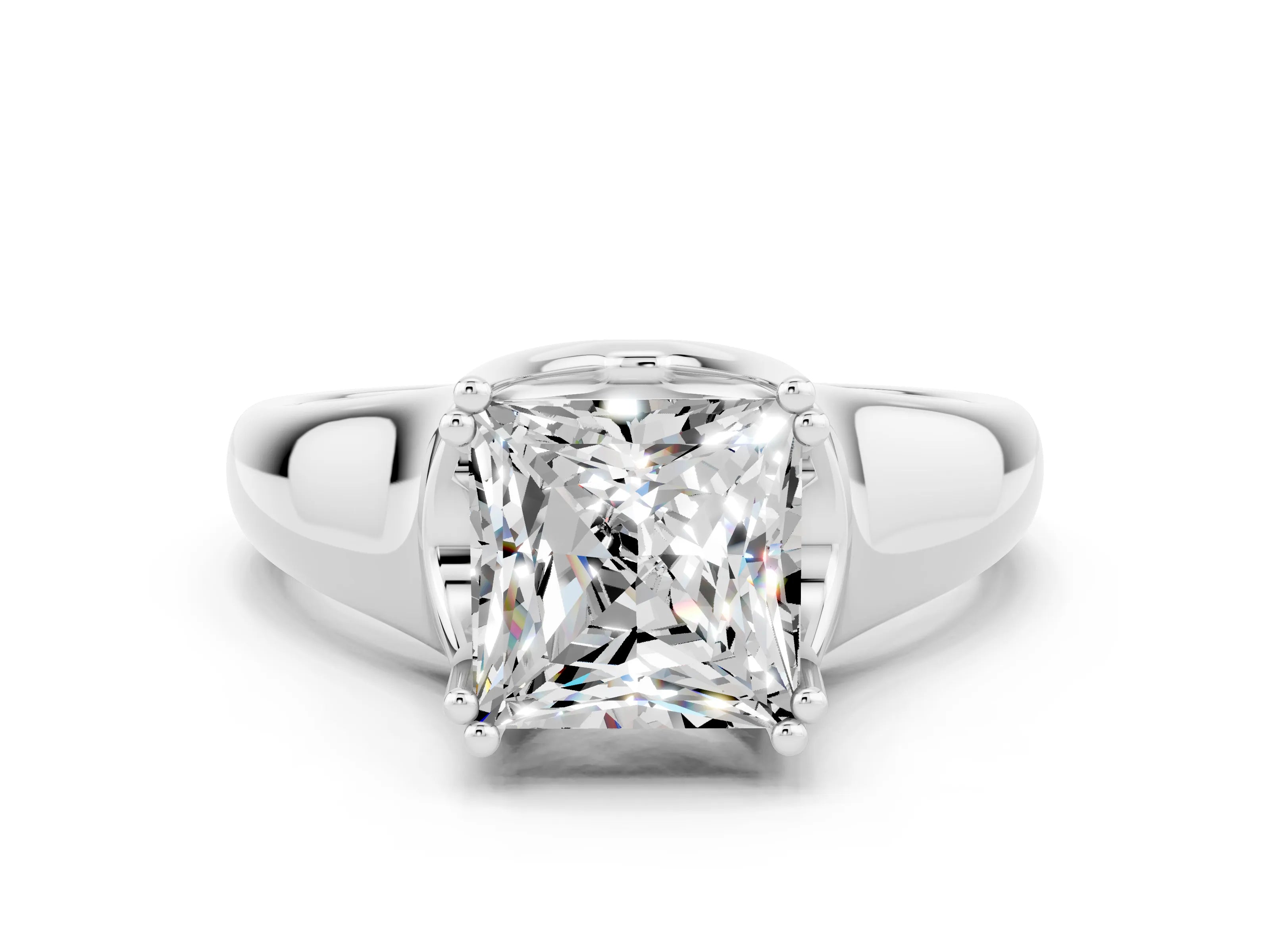 White gold Princess Cut Moissanite Solitaire Ring with Wide Band and Prong Setting
