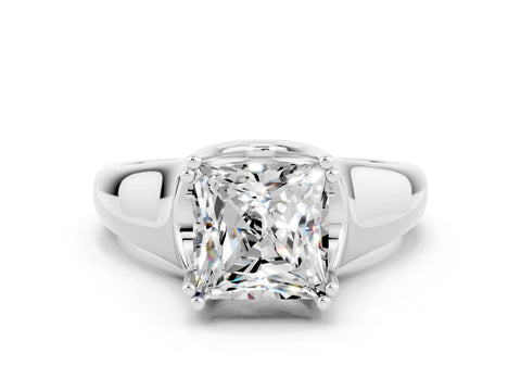 White gold Princess Cut Moissanite Solitaire Ring with Wide Band and Prong Setting