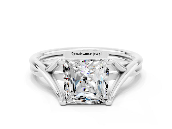 White gold Princess Cut Moissanite Solitaire Twist Band Prong Setting Ring