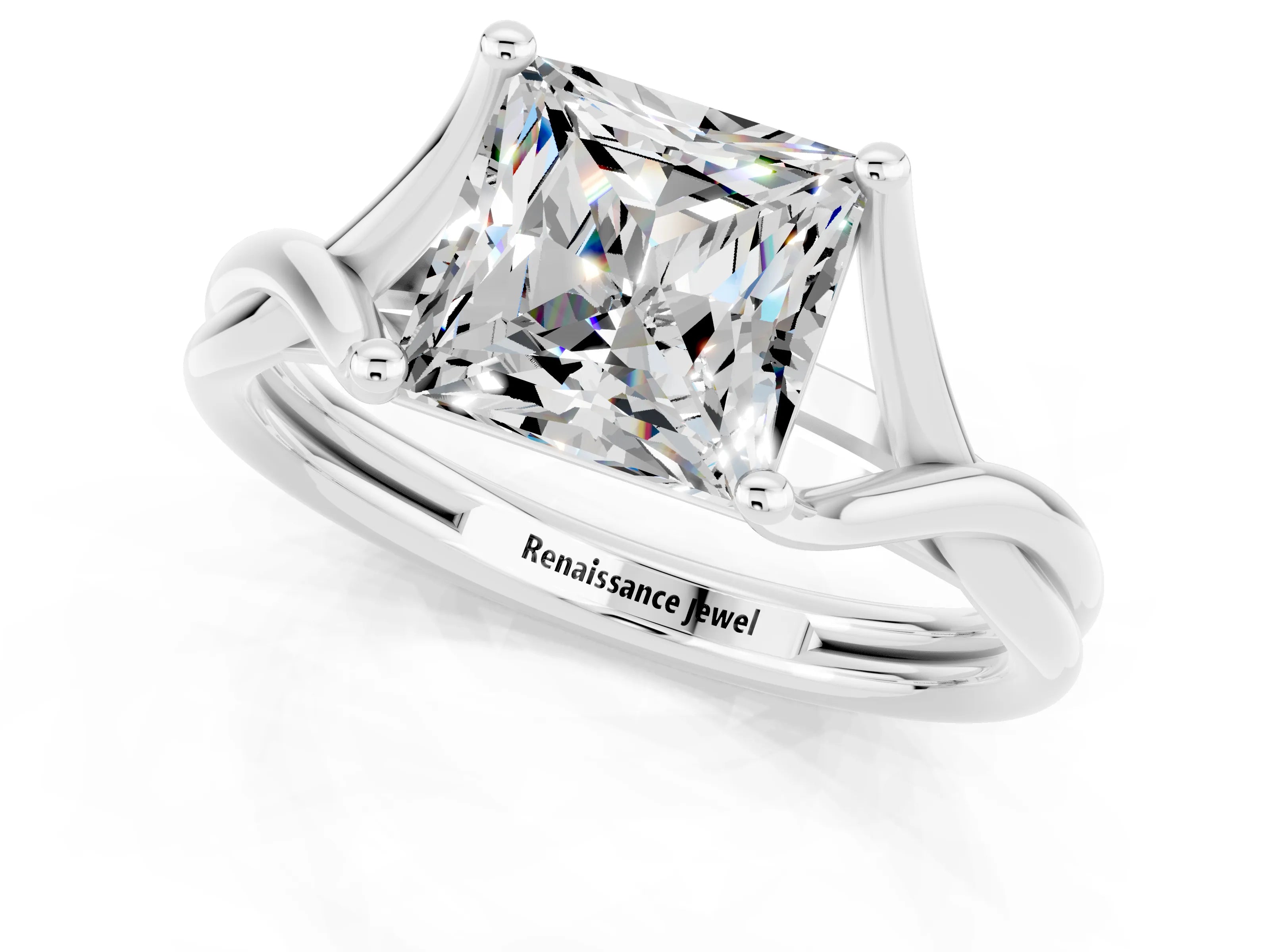 White gold Princess Cut Moissanite Solitaire Twist Band Prong Setting Ring_37