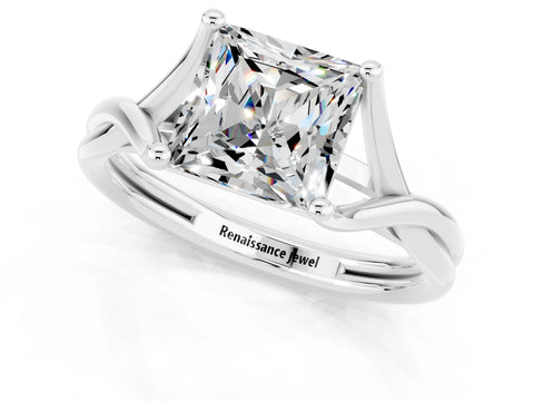 White gold Princess Cut Moissanite Solitaire Twist Band Prong Setting Ring_37