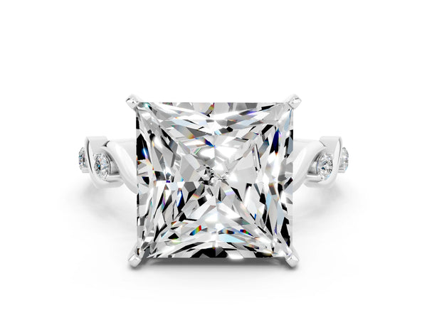 Platinum Princess Cut Moissanite Solitaire Twisted Band with Round  Accents and Prong Setting