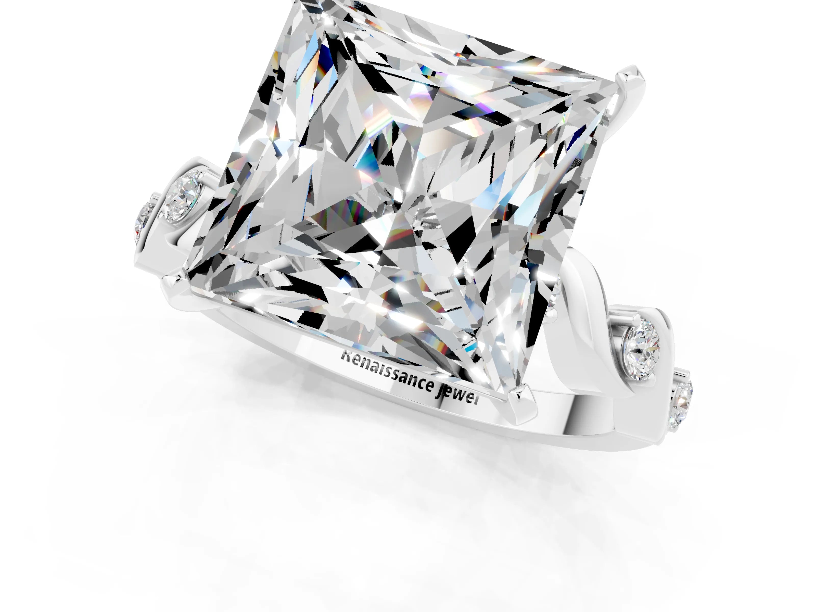 White gold Princess Cut Moissanite Solitaire Twisted Band with Round  Accents and Prong Setting_13