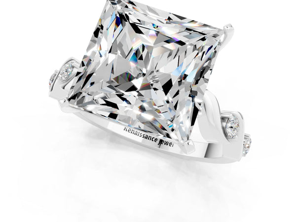 Silver Princess Cut Moissanite Solitaire Twisted Band with Round  Accents and Prong Setting