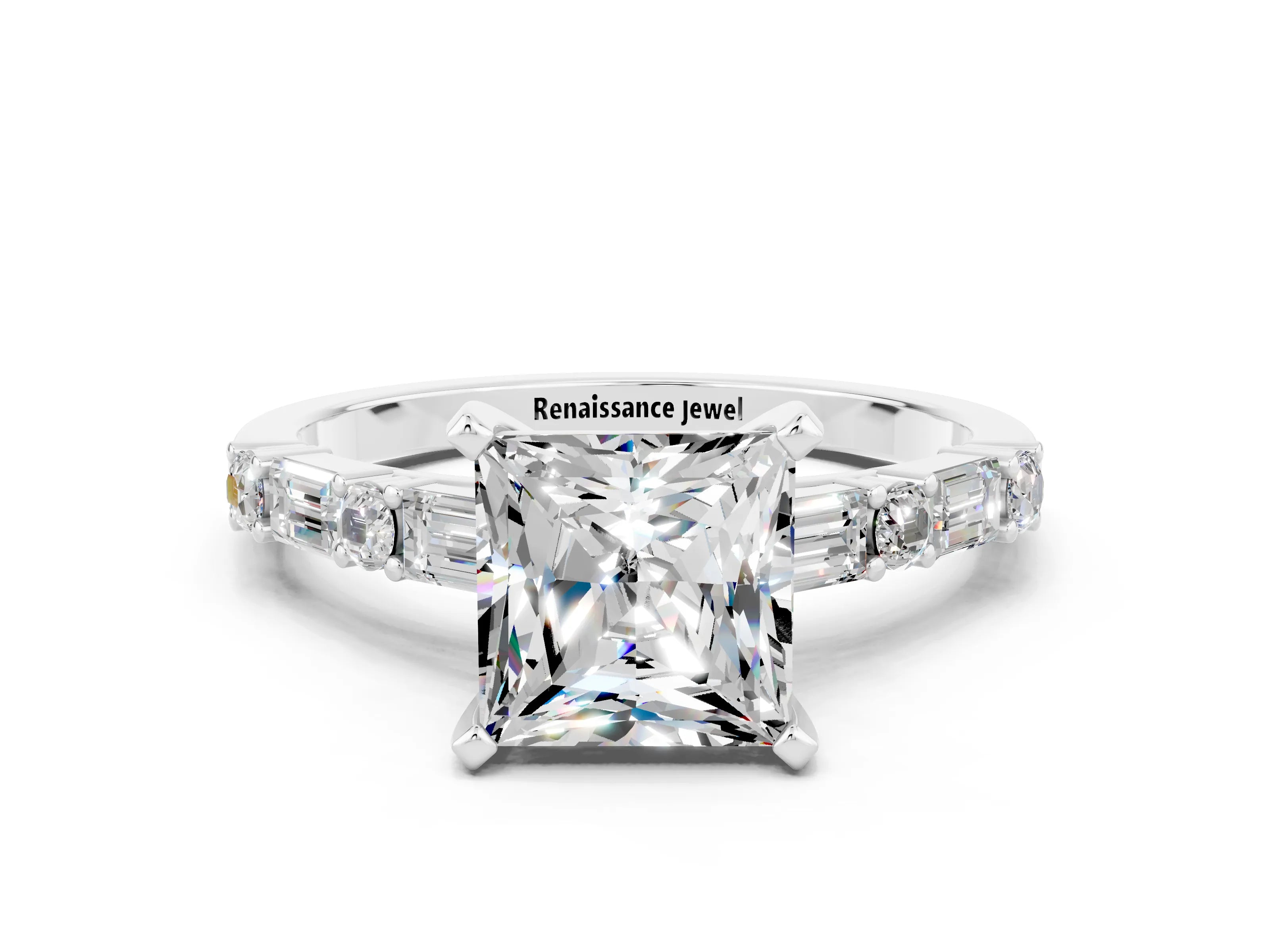 White gold Princess Cut Moissanite Solitaire with Side Baguettes and Channel Set Band