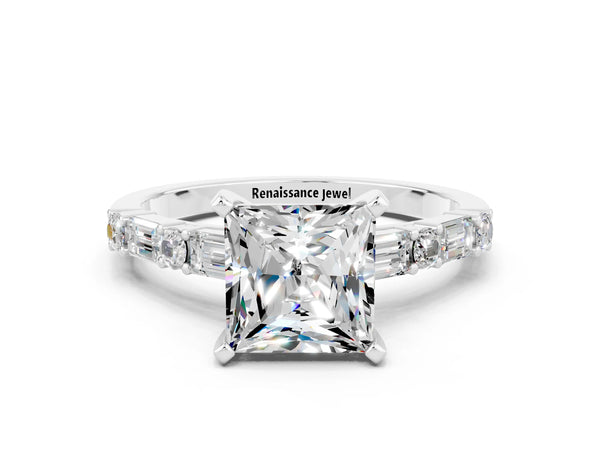 Platinum Princess Cut Moissanite Solitaire with Side Baguettes and Channel Set Band