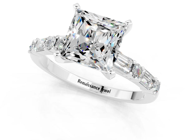 Platinum Princess Cut Moissanite Solitaire with Side Baguettes and Channel Set Band