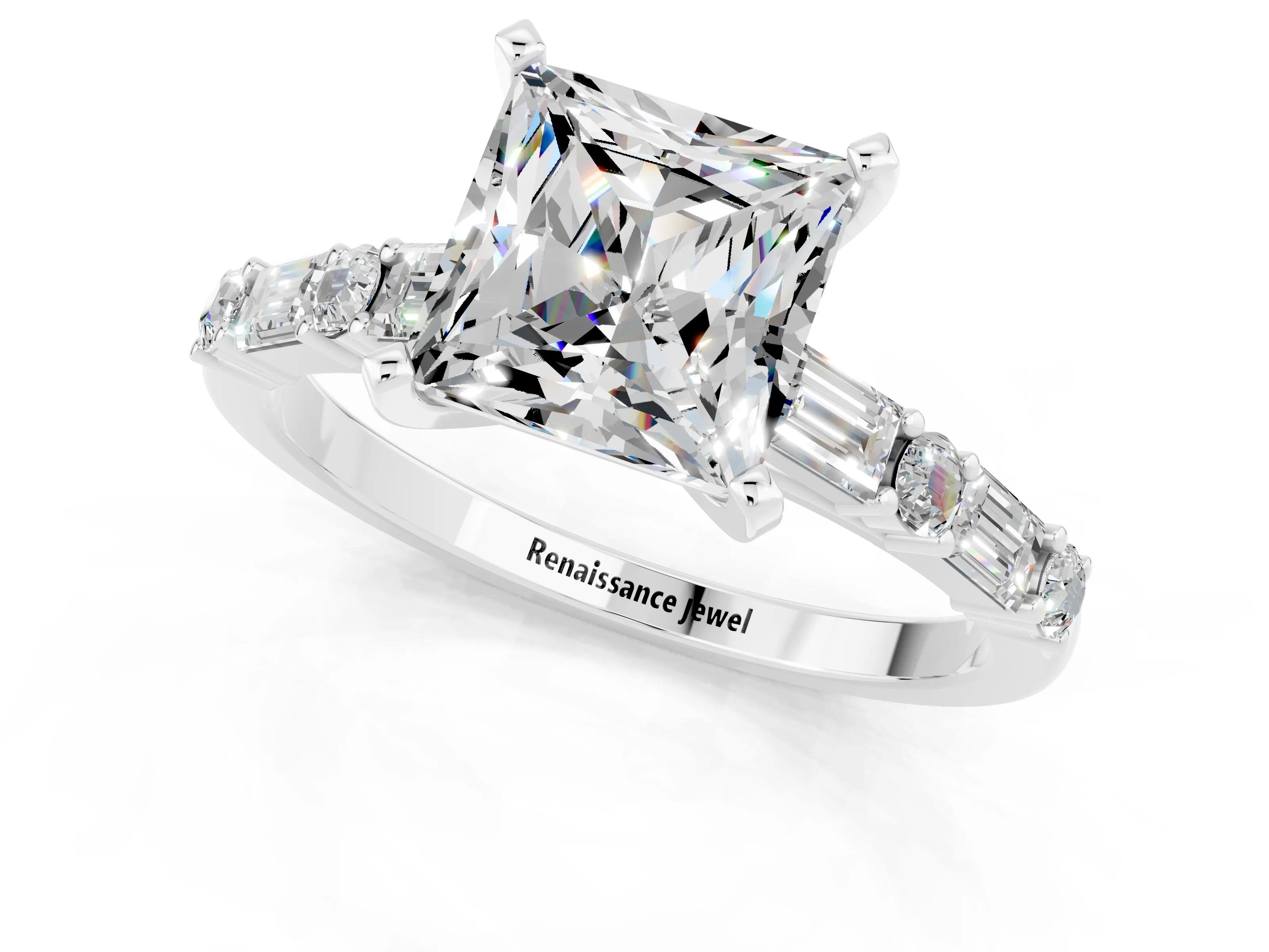 White gold Princess Cut Moissanite Solitaire with Side Baguettes and Channel Set Band_1