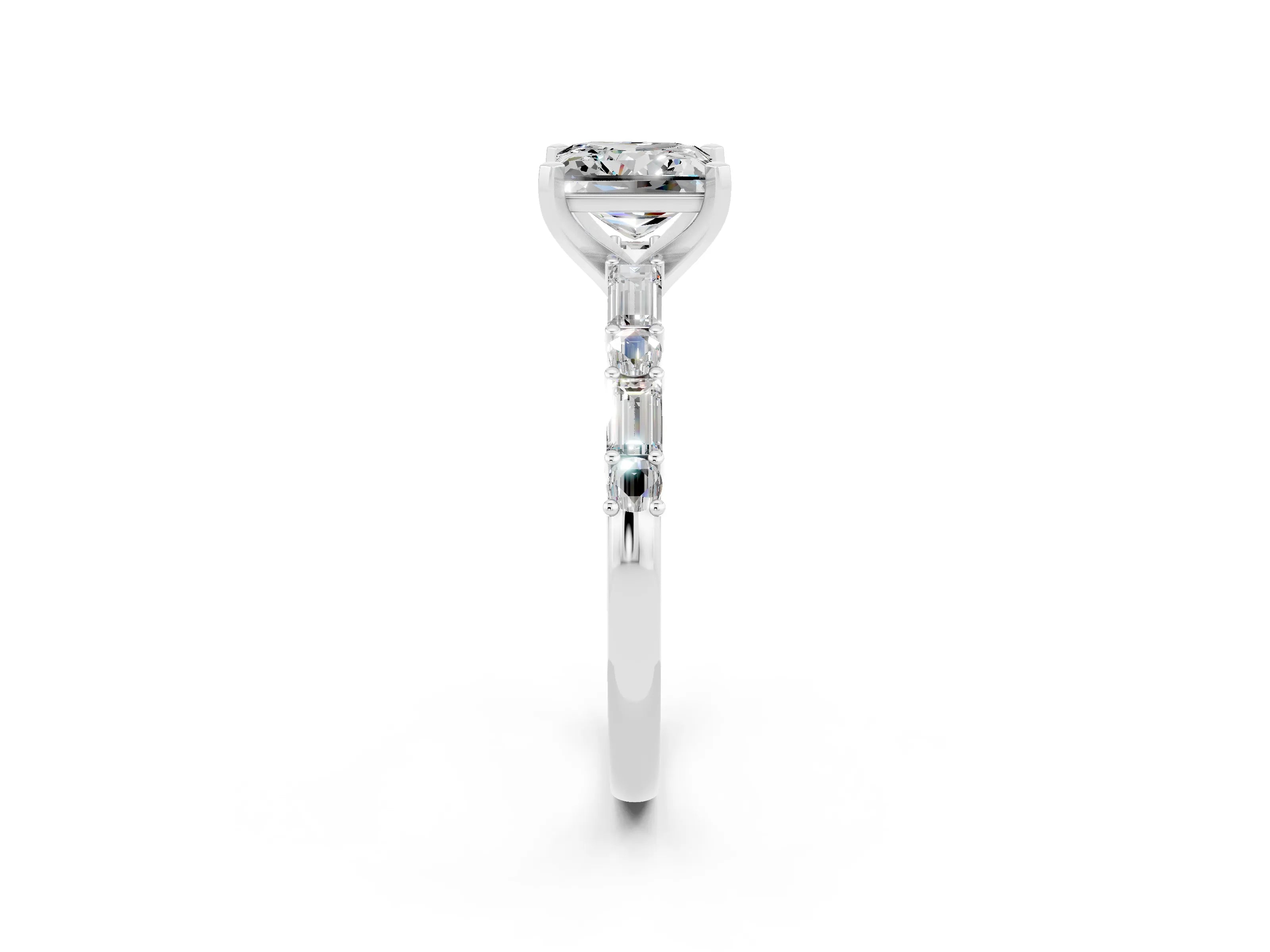 White gold Princess Cut Moissanite Solitaire with Side Baguettes and Channel Set Band_2
