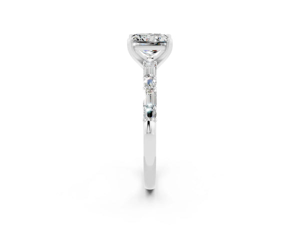 Silver Princess Cut Moissanite Solitaire with Side Baguettes and Channel Set Band