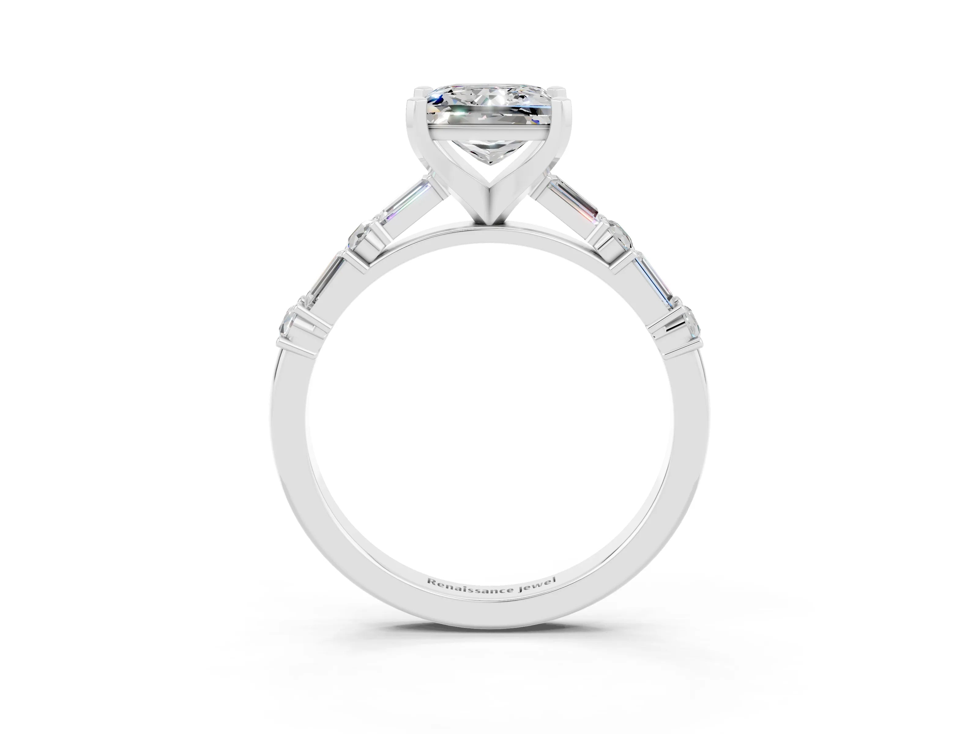 White gold Princess Cut Moissanite Solitaire with Side Baguettes and Channel Set Band_3