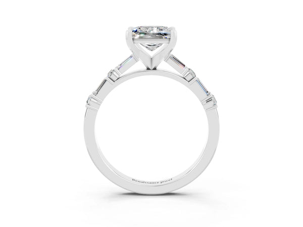 White gold Princess Cut Moissanite Solitaire with Side Baguettes and Channel Set Band
