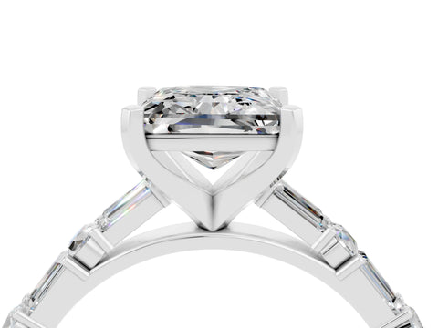 White gold Princess Cut Moissanite Solitaire with Side Baguettes and Channel Set Band_4