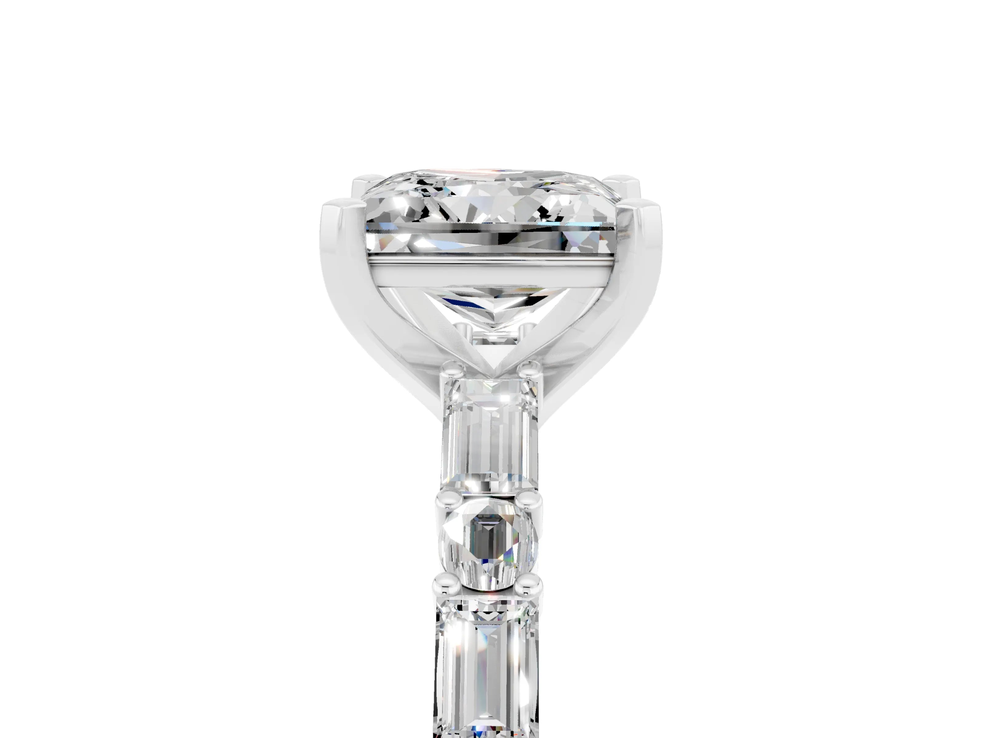 White gold Princess Cut Moissanite Solitaire with Side Baguettes and Channel Set Band_5