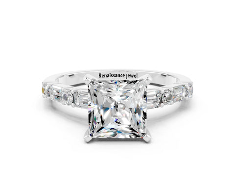 White gold Princess Cut Moissanite Solitaire with Side Baguettes and Channel Set Band