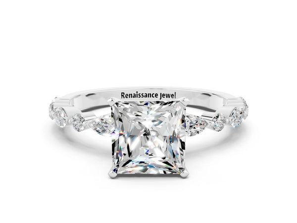 Platinum Princess Cut Moissanite Ring with Marquise and Round  Side Stones and Four-Prong Setting