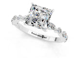White gold Princess Cut Moissanite Solitaire with Side Stones on a Pavé Band and Four-Prong Setting_1
