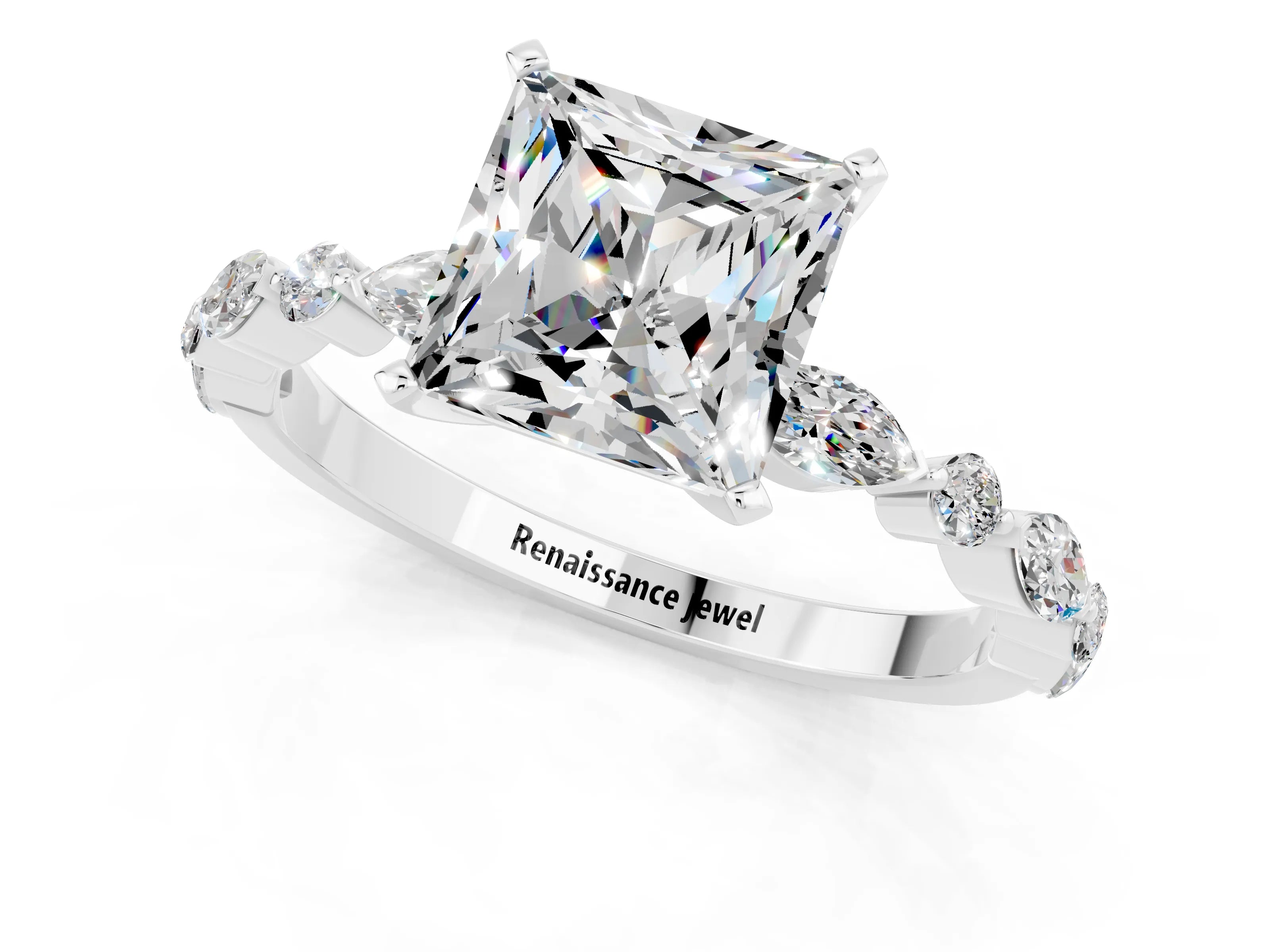 White gold Princess Cut Moissanite Solitaire with Side Stones on a Pavé Band and Four-Prong Setting_1