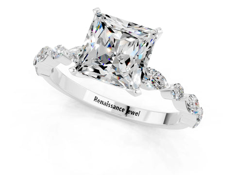 White gold Princess Cut Moissanite Solitaire with Side Stones on a Pavé Band and Four-Prong Setting_1