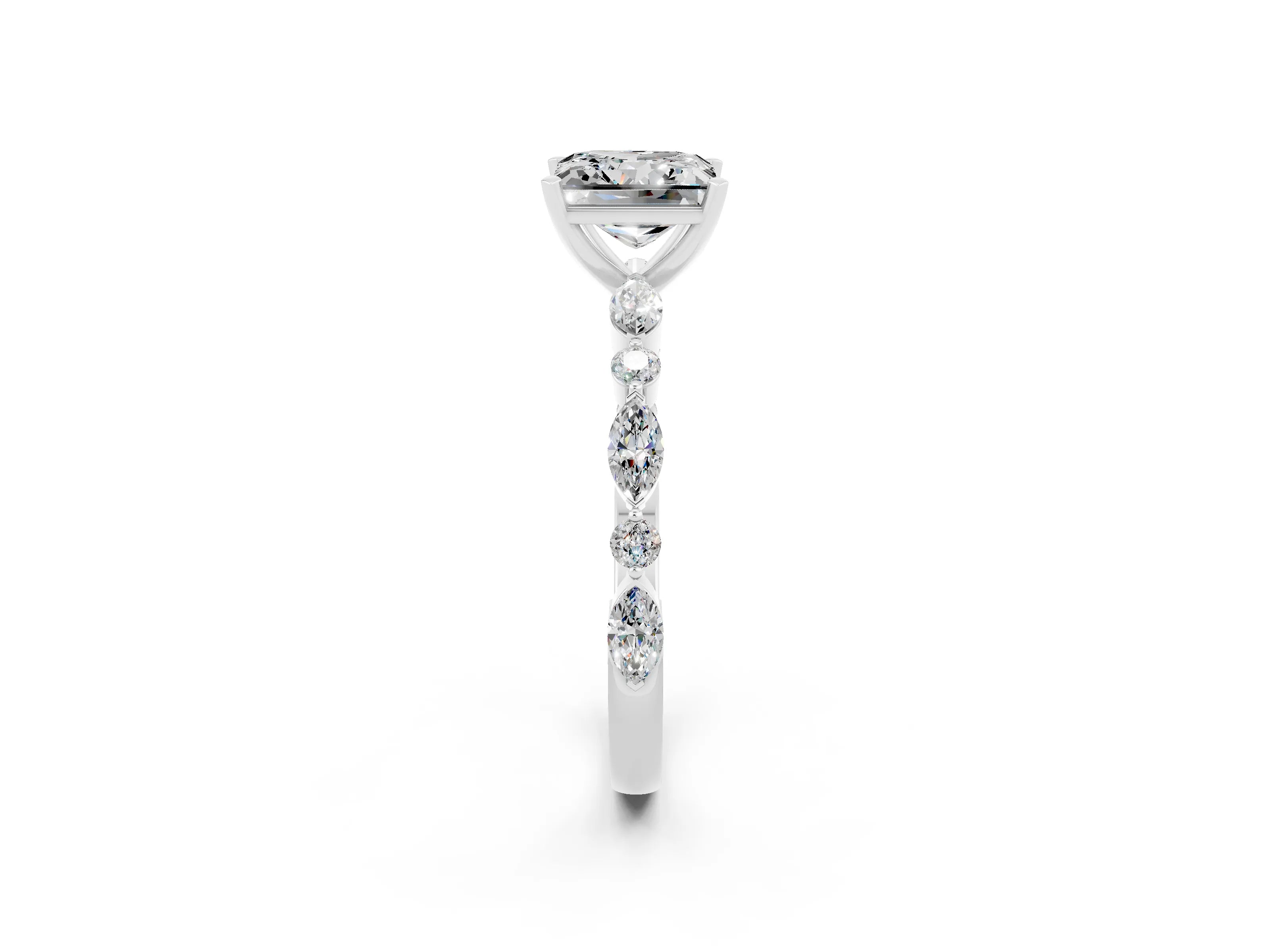 White gold Princess Cut Moissanite Solitaire with Side Stones on a Pavé Band and Four-Prong Setting_2