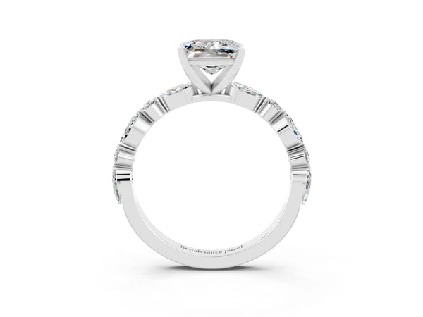 Silver Princess Cut Moissanite Ring with Marquise and Round  Side Stones and Four-Prong Setting