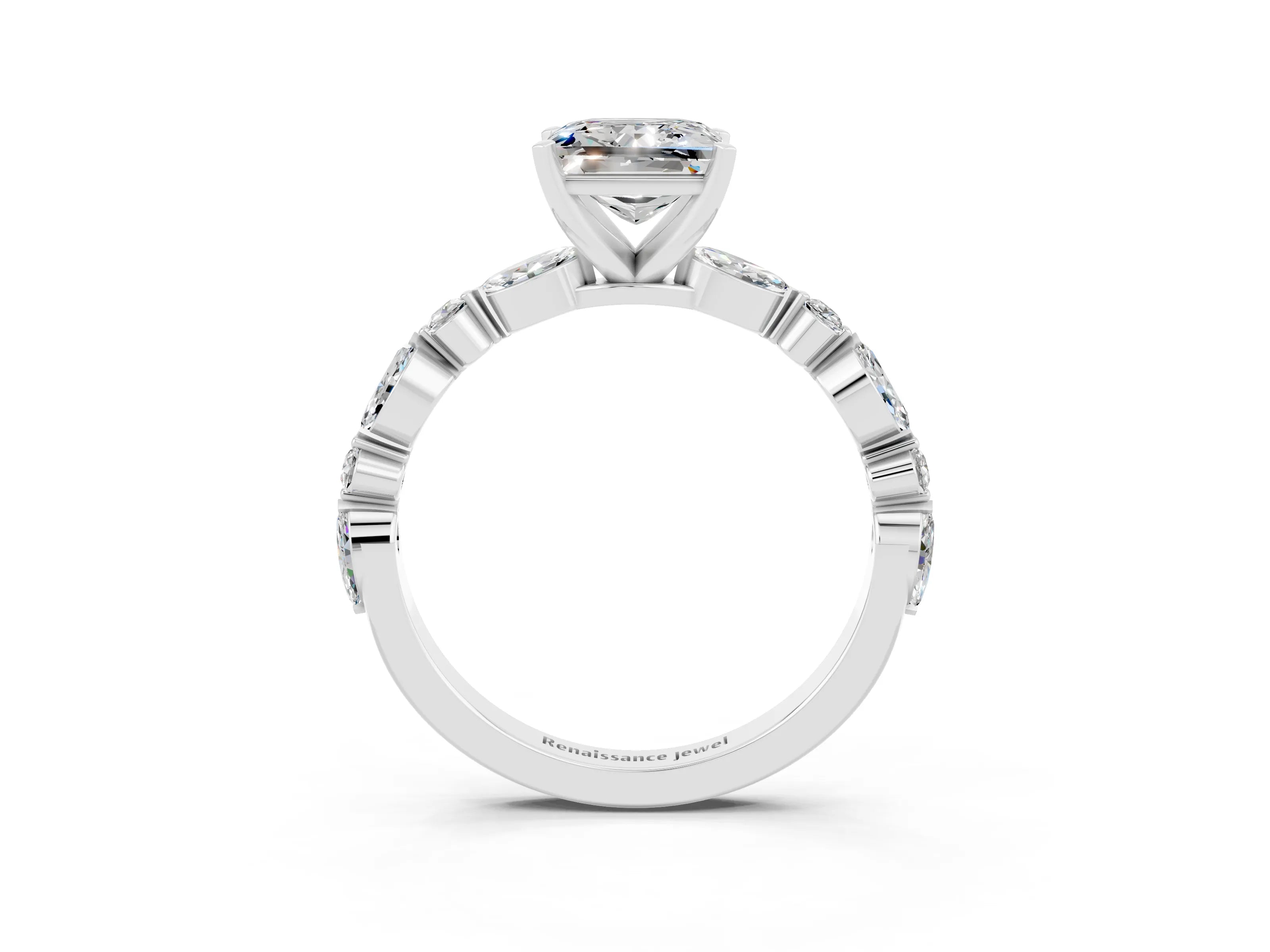 White gold Princess Cut Moissanite Solitaire with Side Stones on a Pavé Band and Four-Prong Setting_3