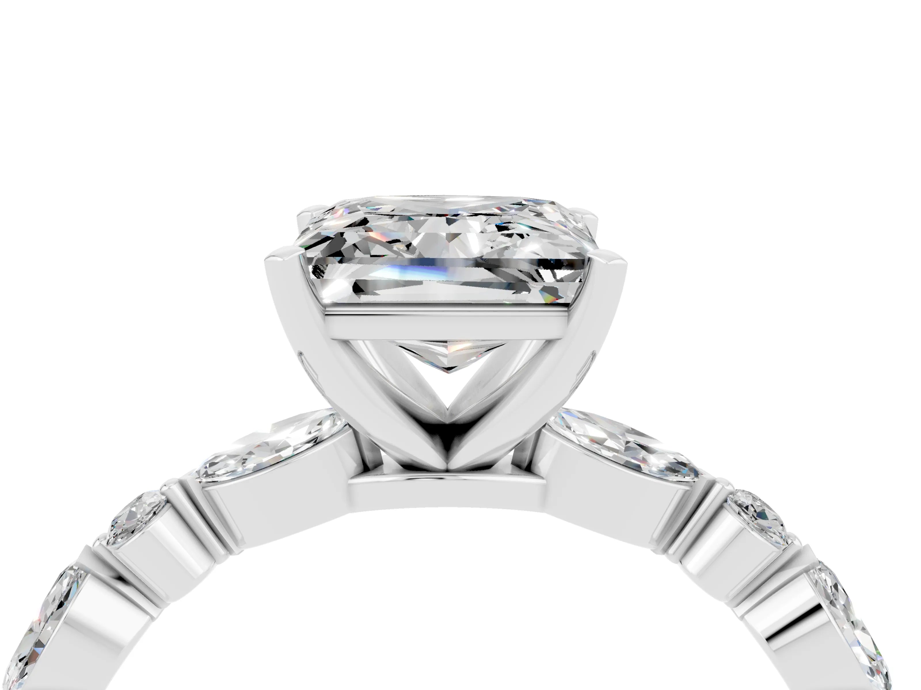 White gold Princess Cut Moissanite Solitaire with Side Stones on a Pavé Band and Four-Prong Setting_4
