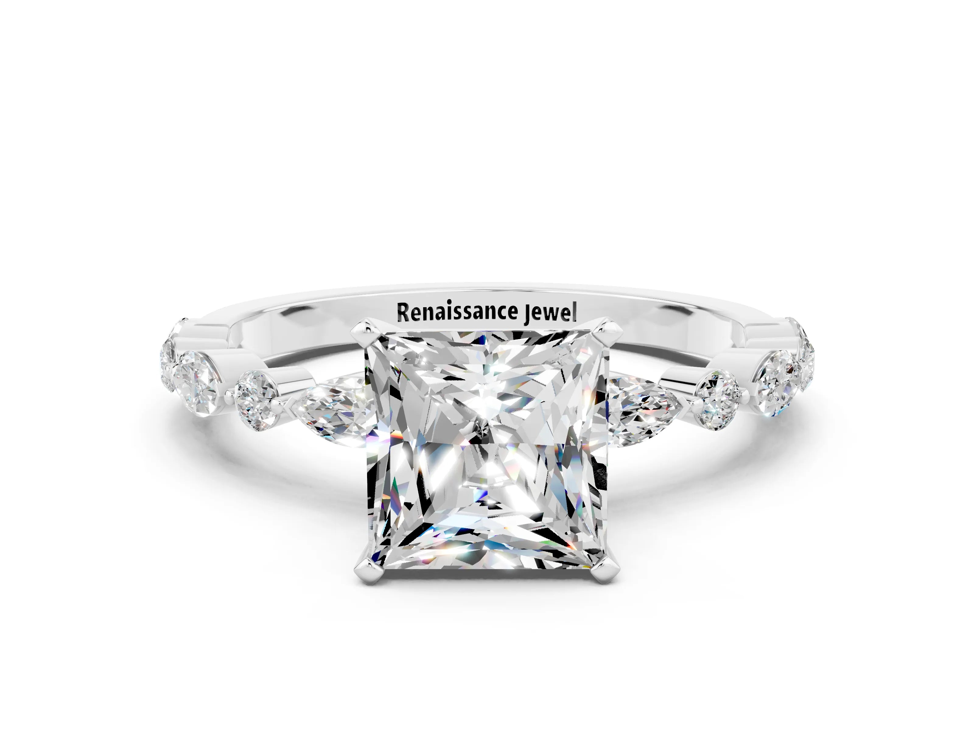 White gold Princess Cut Moissanite Solitaire with Side Stones on a Pavé Band and Four-Prong Setting