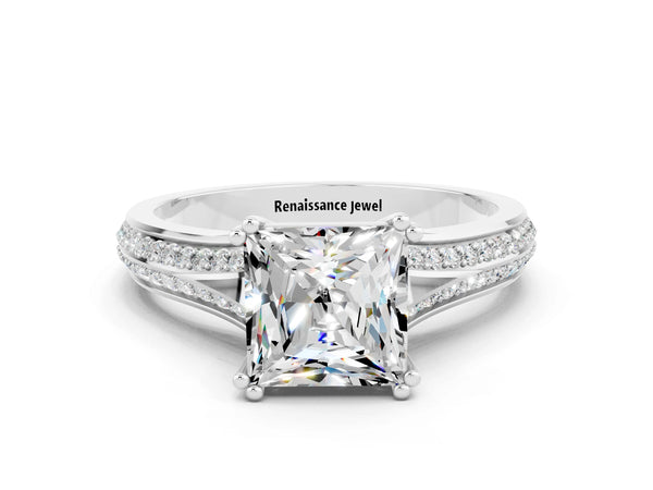 Platinum Princess Cut Moissanite Split Shank Engagement Ring with Pavé Band