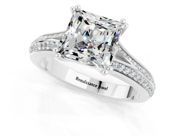 Platinum Princess Cut Moissanite Split Shank Engagement Ring with Pavé Band