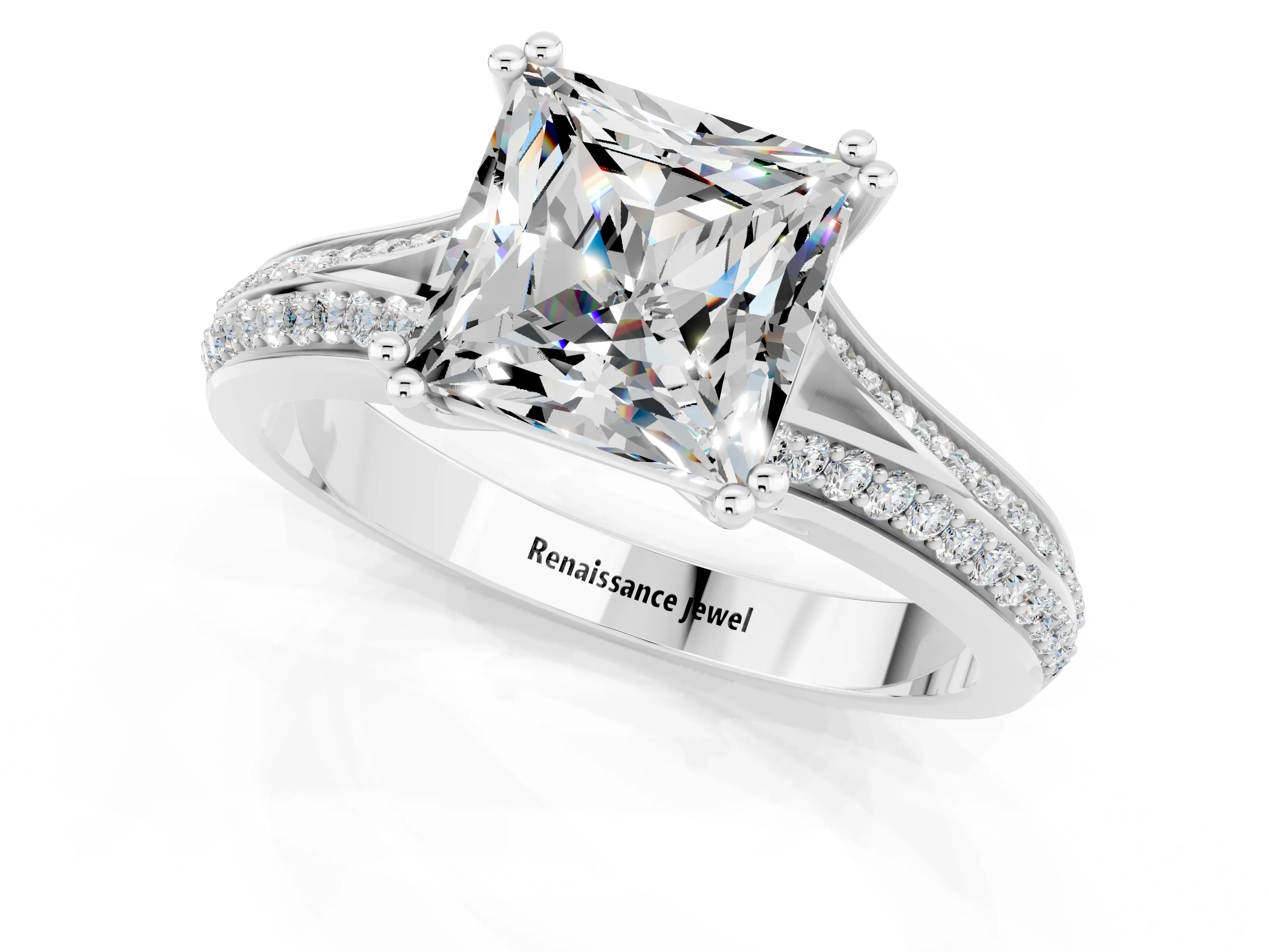 White gold Princess Cut Moissanite Split Shank Engagement Ring with Pavé Band_1