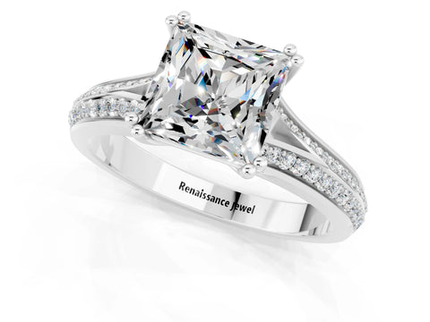 White gold Princess Cut Moissanite Split Shank Engagement Ring with Pavé Band_1