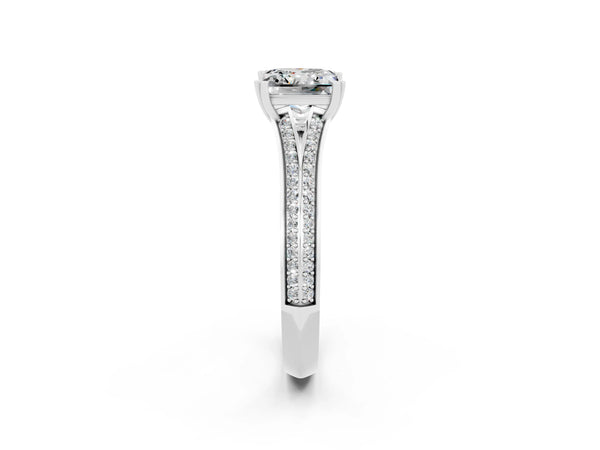 White gold Princess Cut Moissanite Split Shank Engagement Ring with Pavé Band