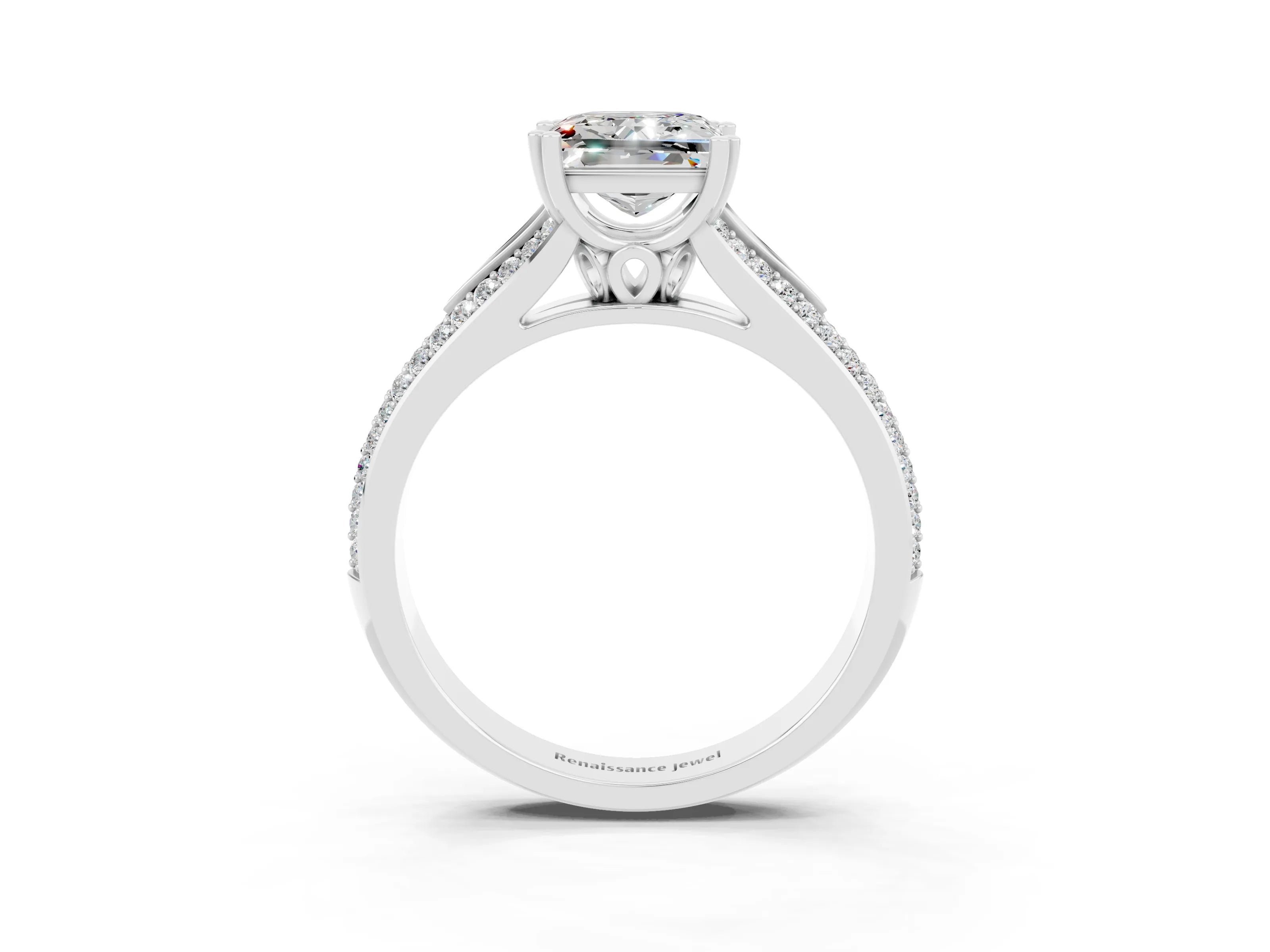 White gold Princess Cut Moissanite Split Shank Engagement Ring with Pavé Band_3