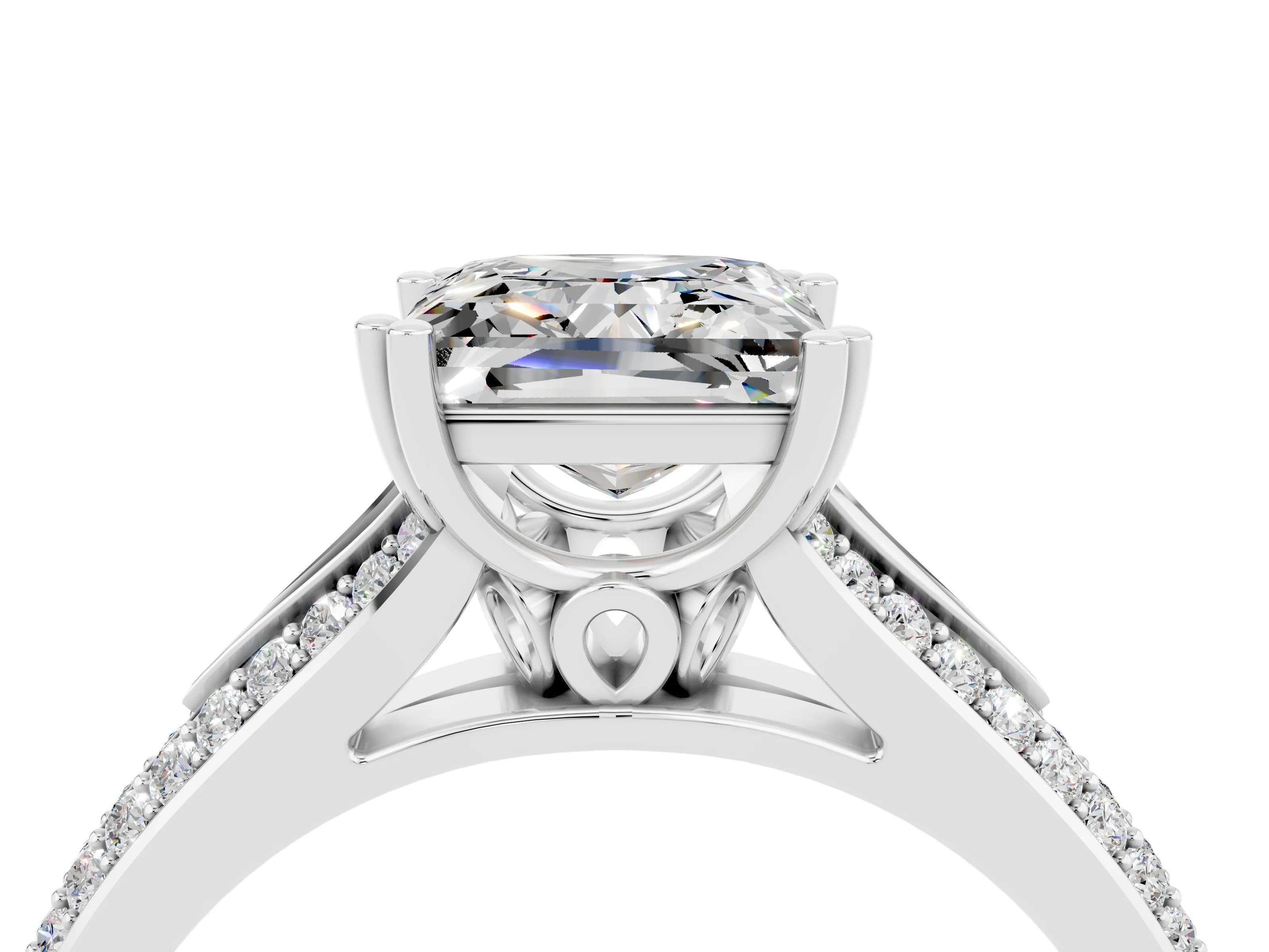 White gold Princess Cut Moissanite Split Shank Engagement Ring with Pavé Band_4