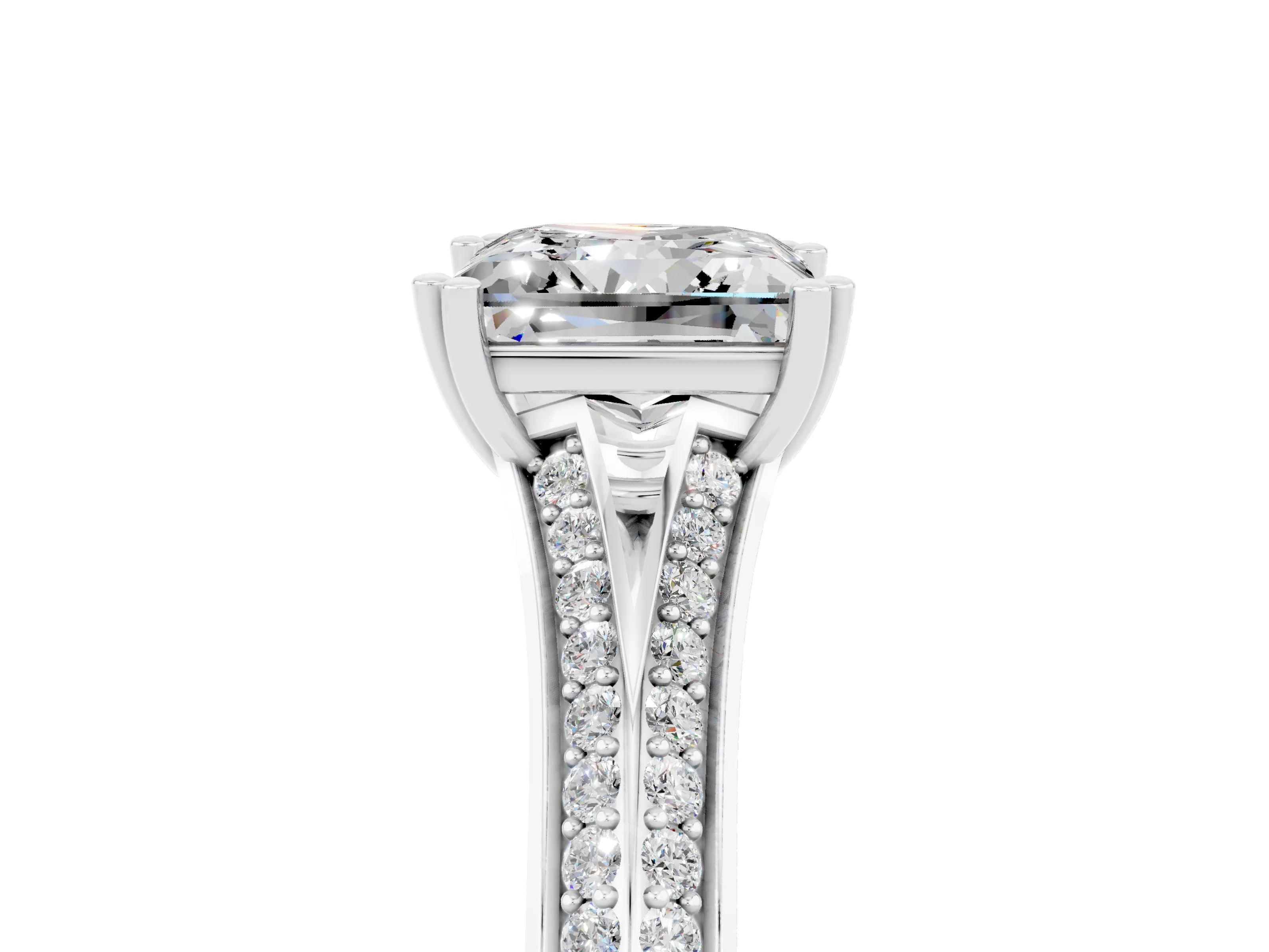 White gold Princess Cut Moissanite Split Shank Engagement Ring with Pavé Band_5