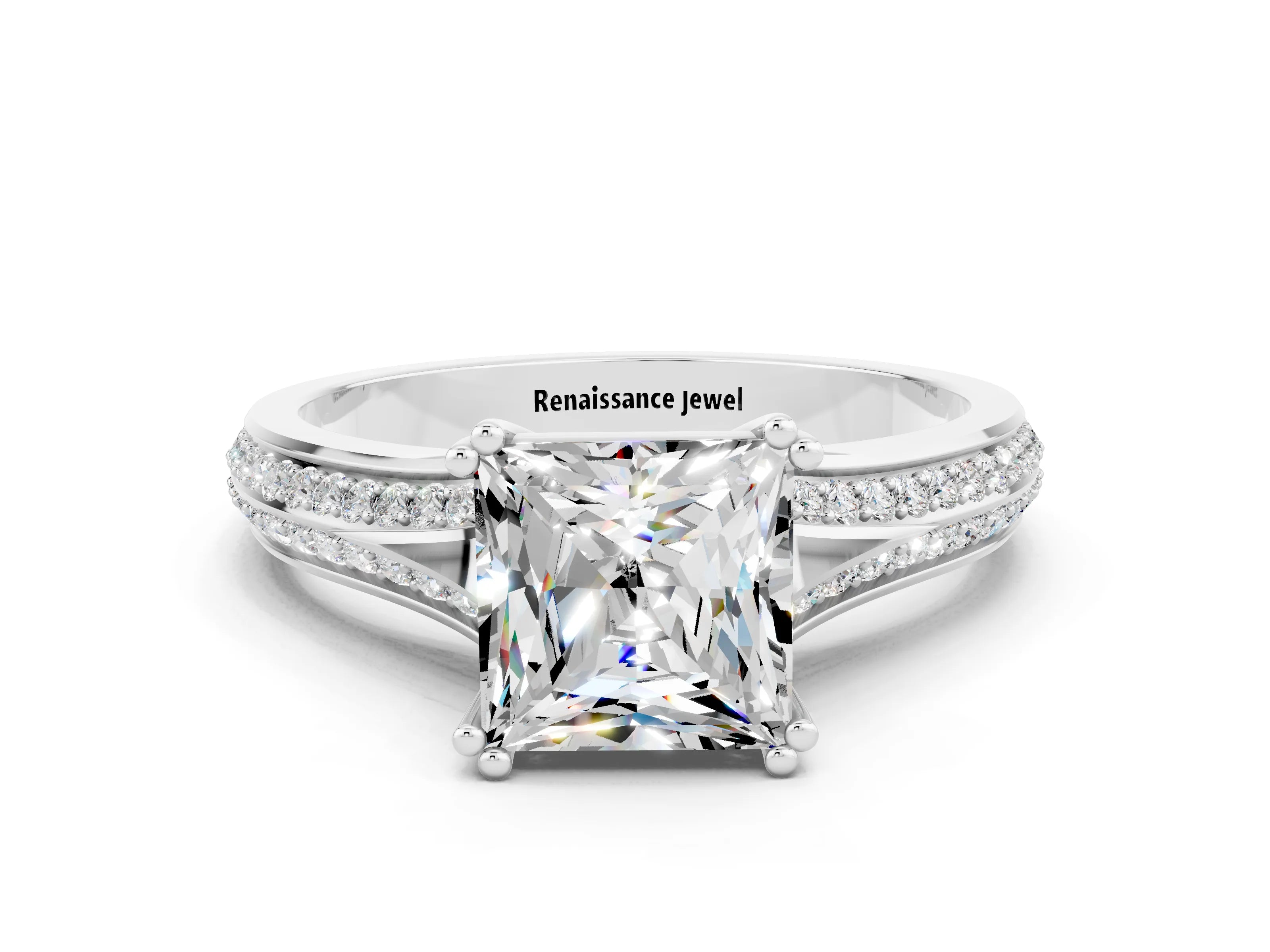 White gold Princess Cut Moissanite Split Shank Engagement Ring with Pavé Band