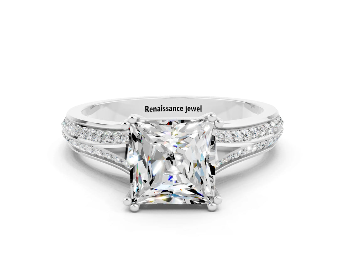 White gold Princess Cut Moissanite Split Shank Engagement Ring with Pavé Band