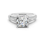 White gold Princess Cut Moissanite Split Shank Engagement Ring with Pavé Band