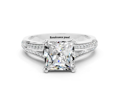 White gold Princess Cut Moissanite Split Shank Engagement Ring with Pavé Band