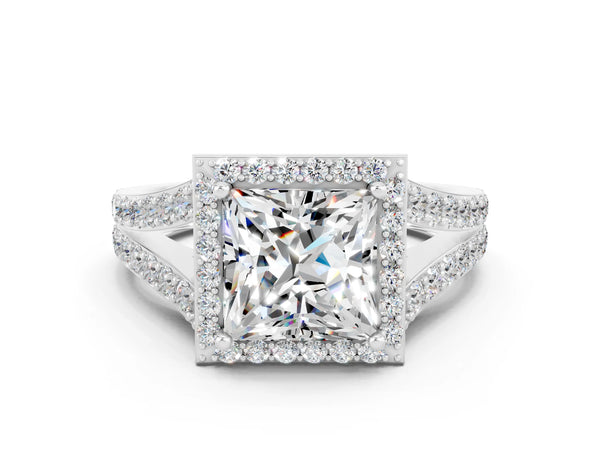 Silver Princess Cut Moissanite Split Shank Halo Ring with Four-Prong Setting