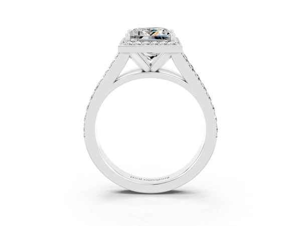 Silver Princess Cut Moissanite Split Shank Halo Ring with Four-Prong Setting