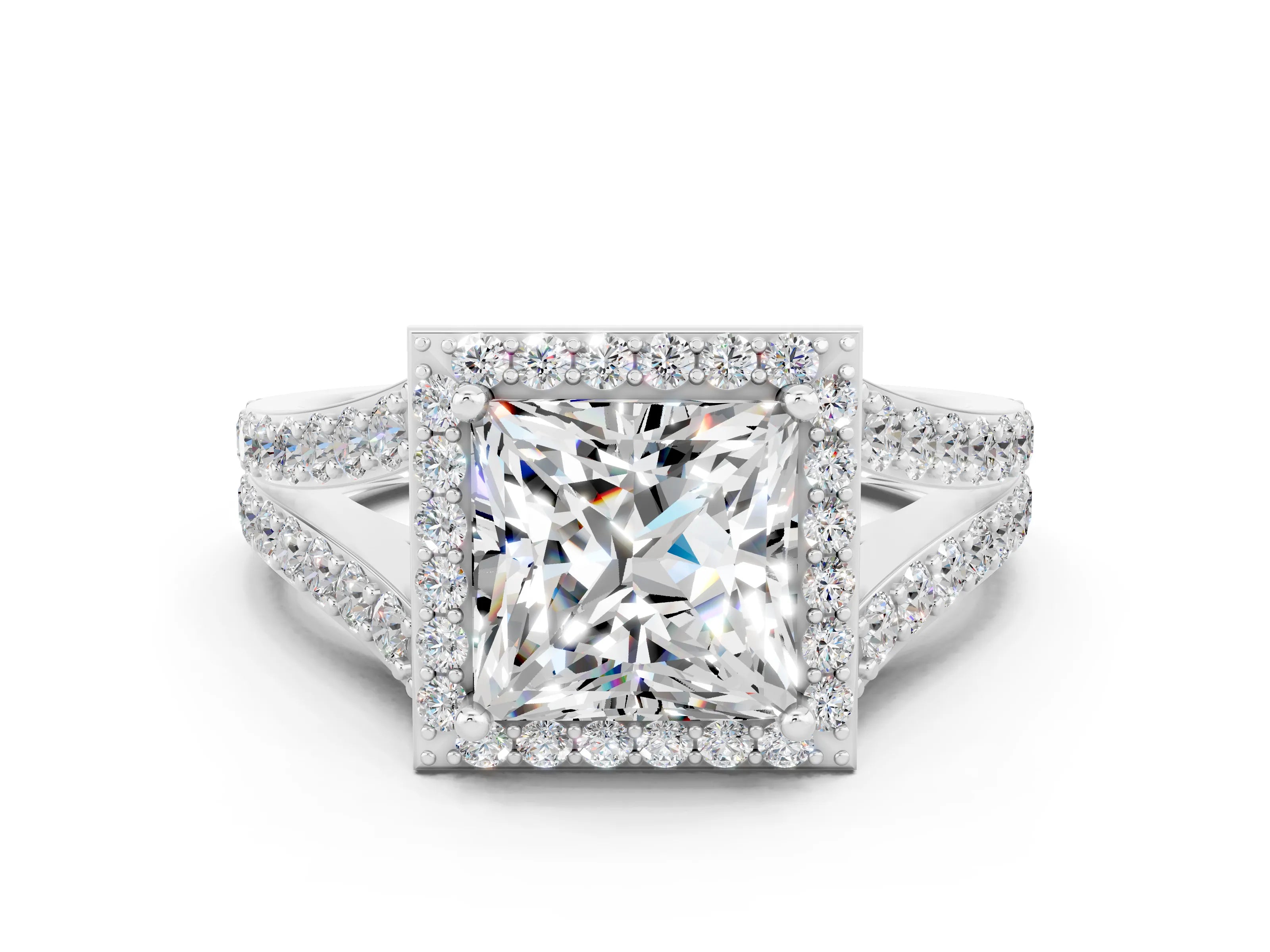 White gold Princess Cut Moissanite Split Shank Halo Ring with Four-Prong Setting_60